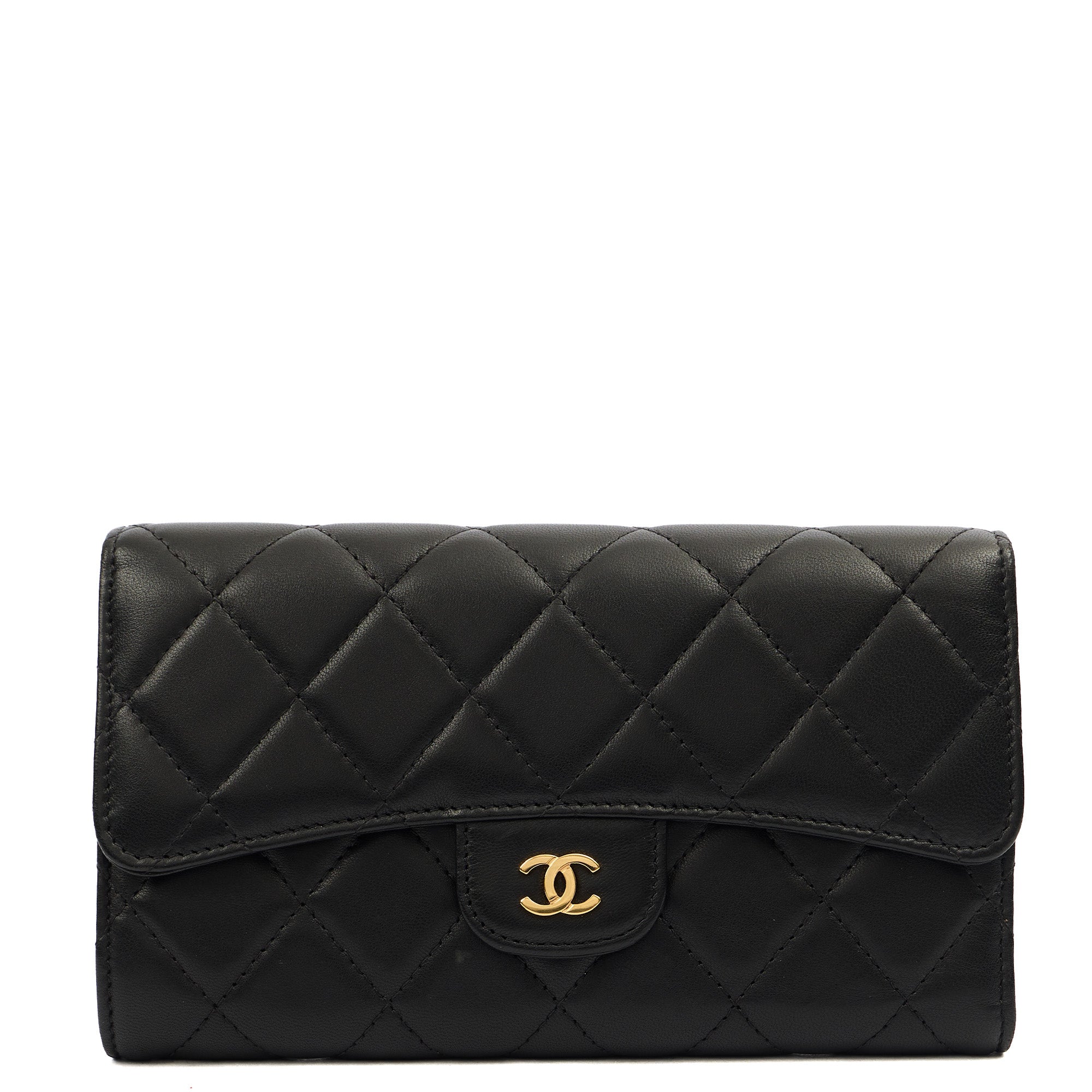 Chanel Purse Flap Wallet in Black, Lambskin Leather — Front View