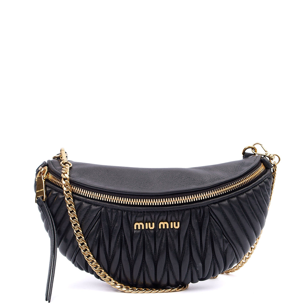 Miu Miu Cross Body Belt Bag in Black, Leather — Front View