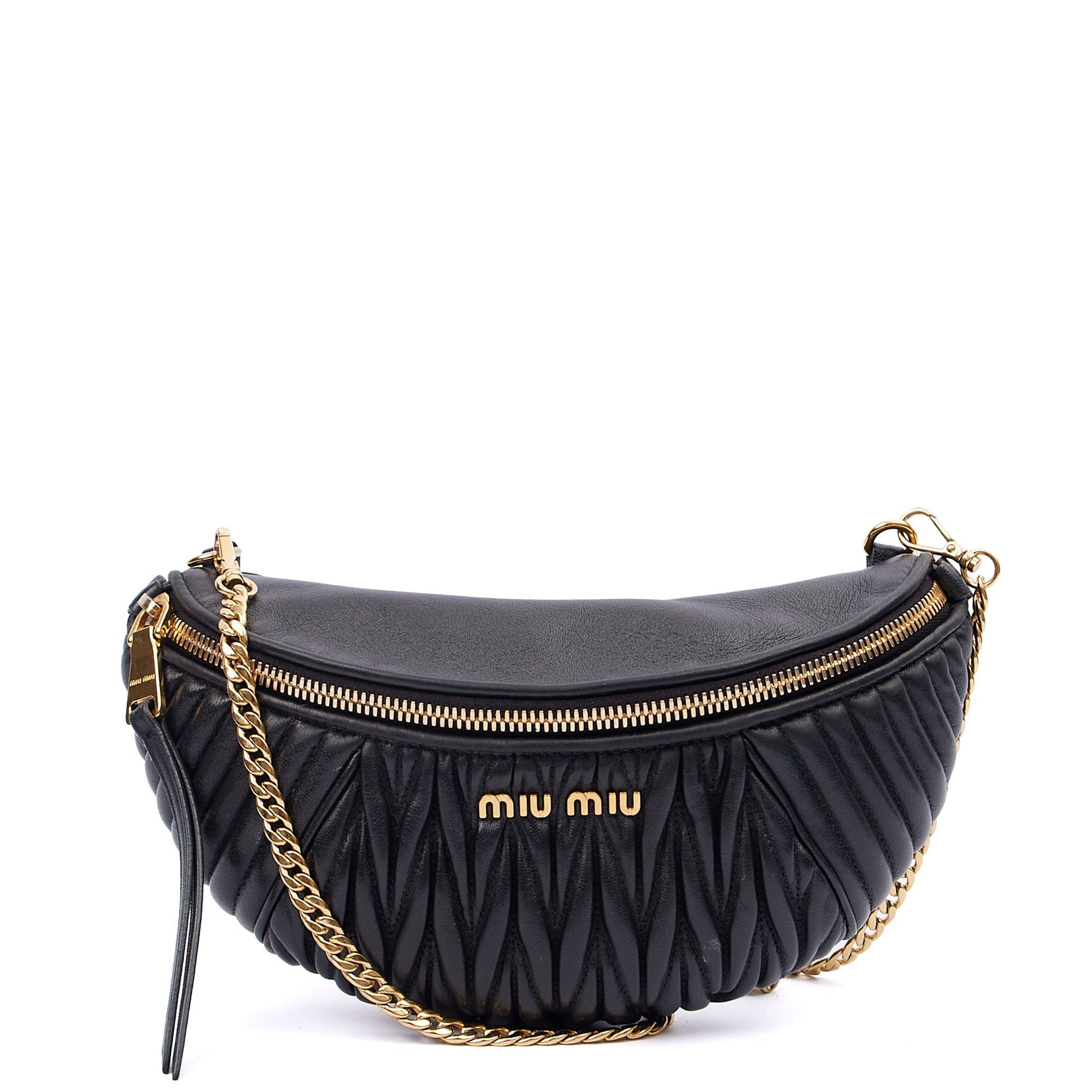 Miu Miu Cross Body Belt Bag in Black, Leather — Front View