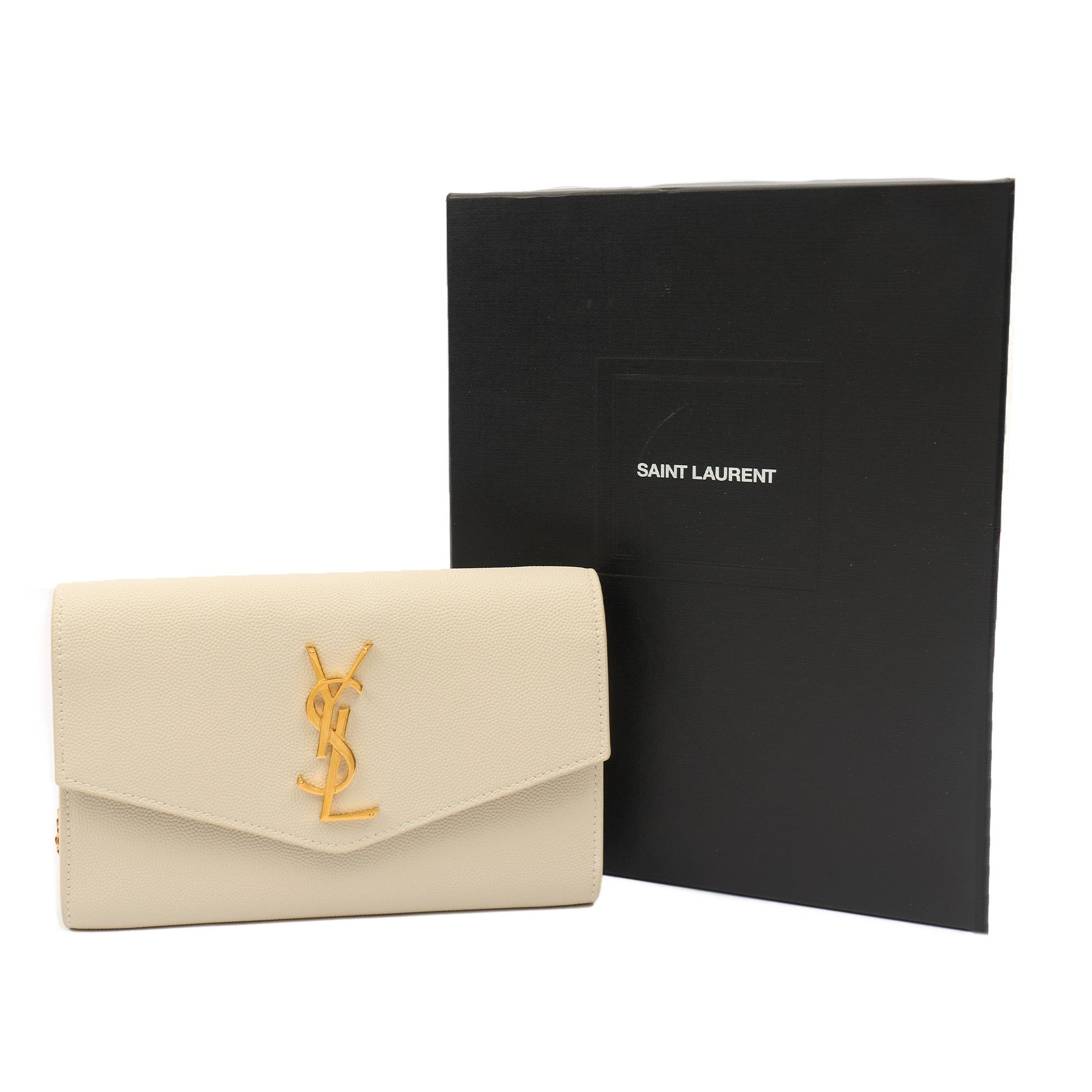 Saint Laurent Cross Body Envelope Chain Wallet in Cream, Leather — Back View