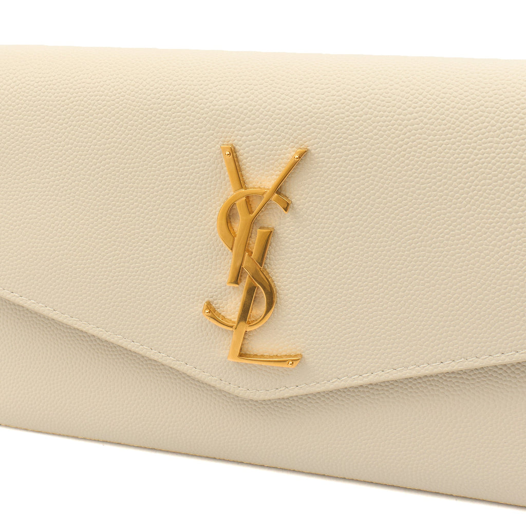 Saint Laurent Cross Body Envelope Chain Wallet in Cream, Leather — Lifestyle View