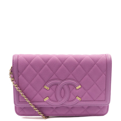 Chanel Cross Body CC Filigree Clutch With Chain in Purple, Caviar Leather — Front View