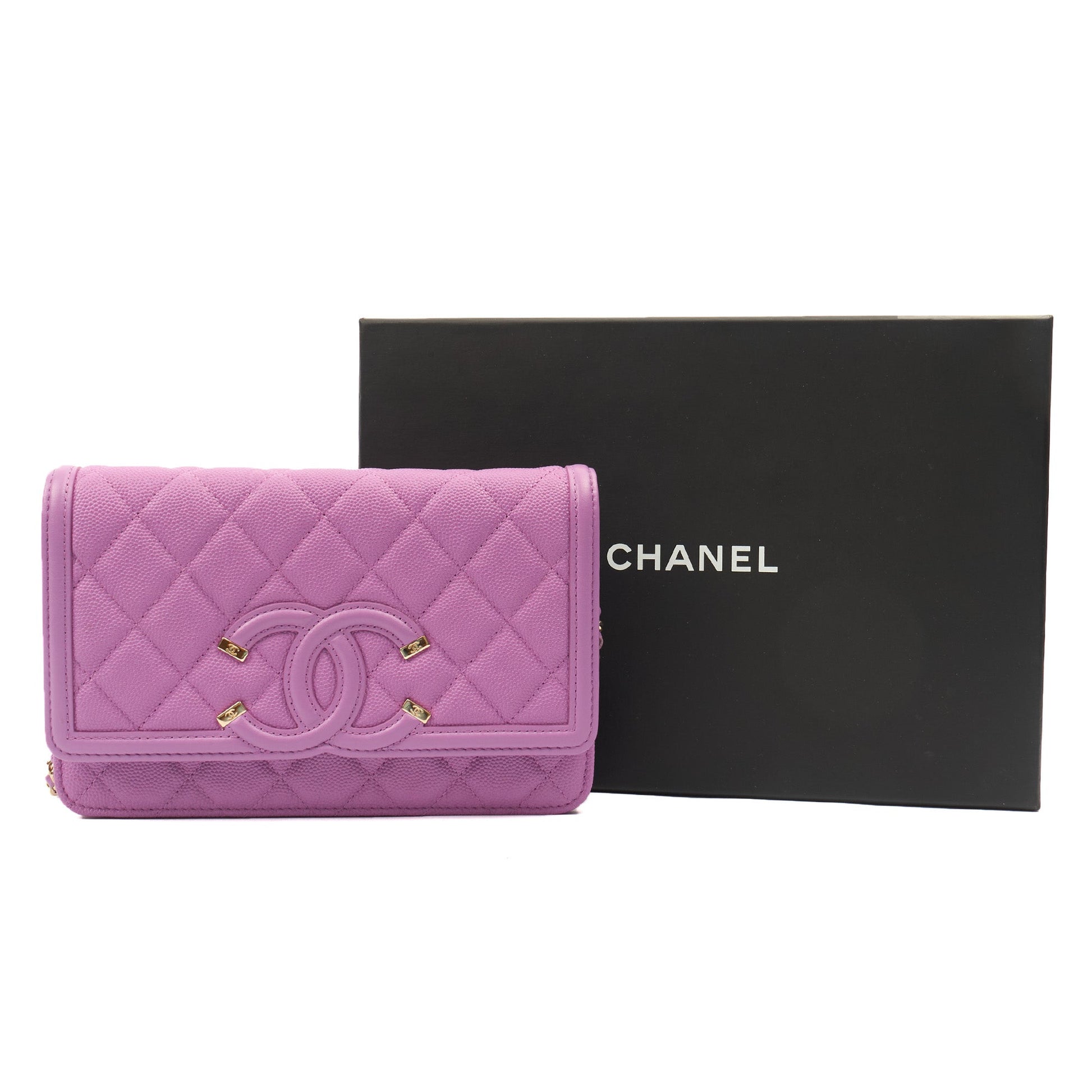 Chanel Cross Body CC Filigree Clutch With Chain in Purple, Caviar Leather — Back View