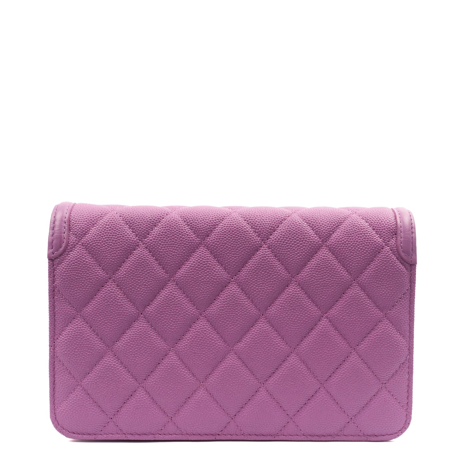 Chanel Cross Body CC Filigree Clutch With Chain in Purple, Caviar Leather — Detail View