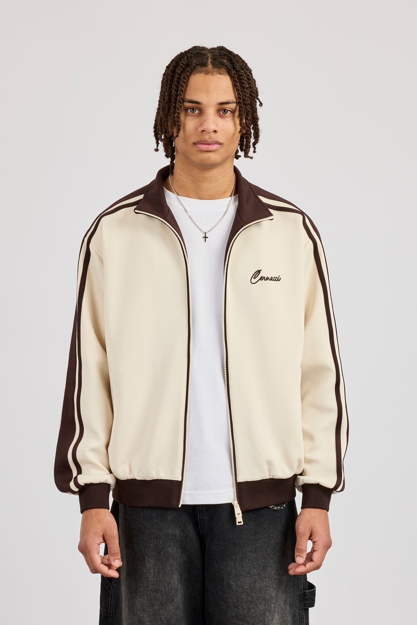 Cernucci Mens Contrast Detail Track Top - Off White — S — Top View