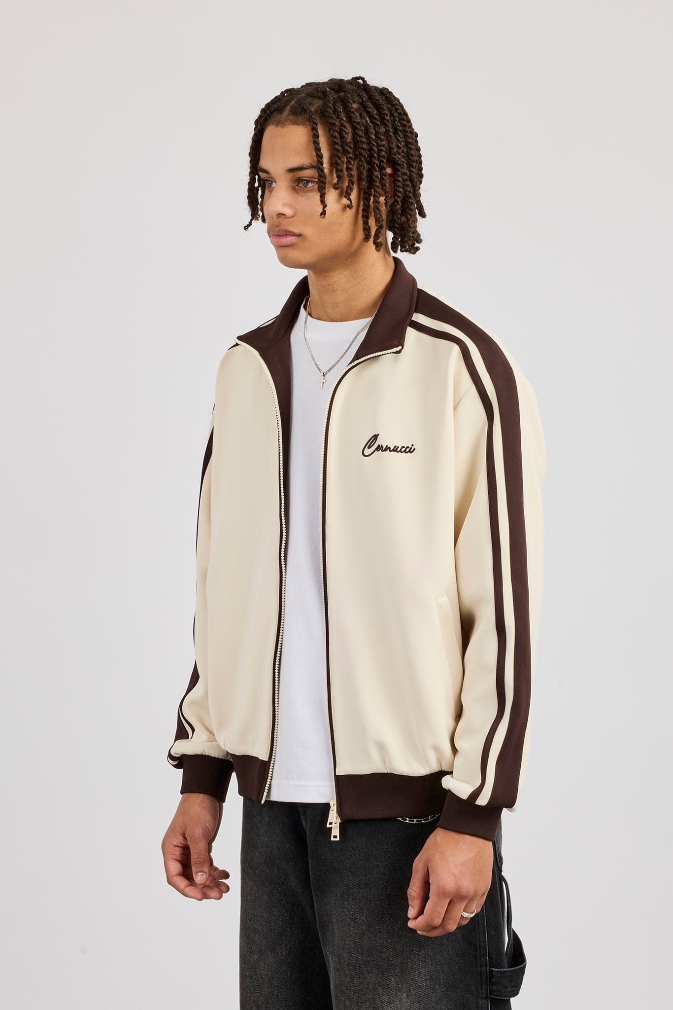 Cernucci Mens Contrast Detail Track Top - Off White — S — Back View