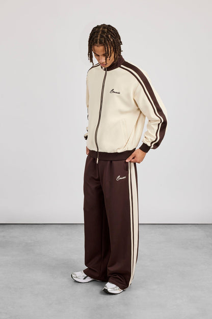 Cernucci Men's Contrast Detail Track Top & Baggy Track Pant - Off White / Chocolate — S — Size S — Back View