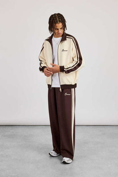 Cernucci Men's Contrast Detail Track Top & Baggy Track Pant - Off White / Chocolate — S — Size S — Front View