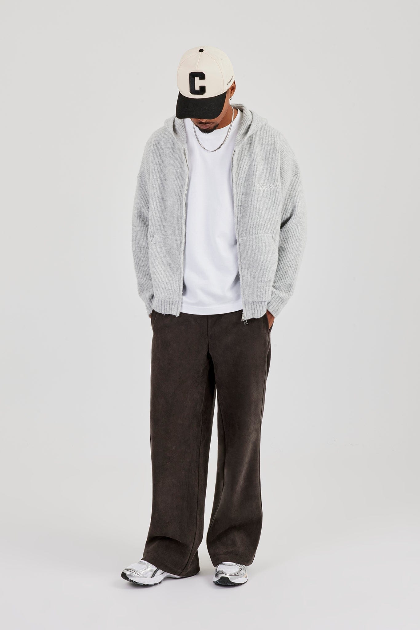 Cernucci Embroidered Knitted Zip Hoodie - Light Grey — S — Side View