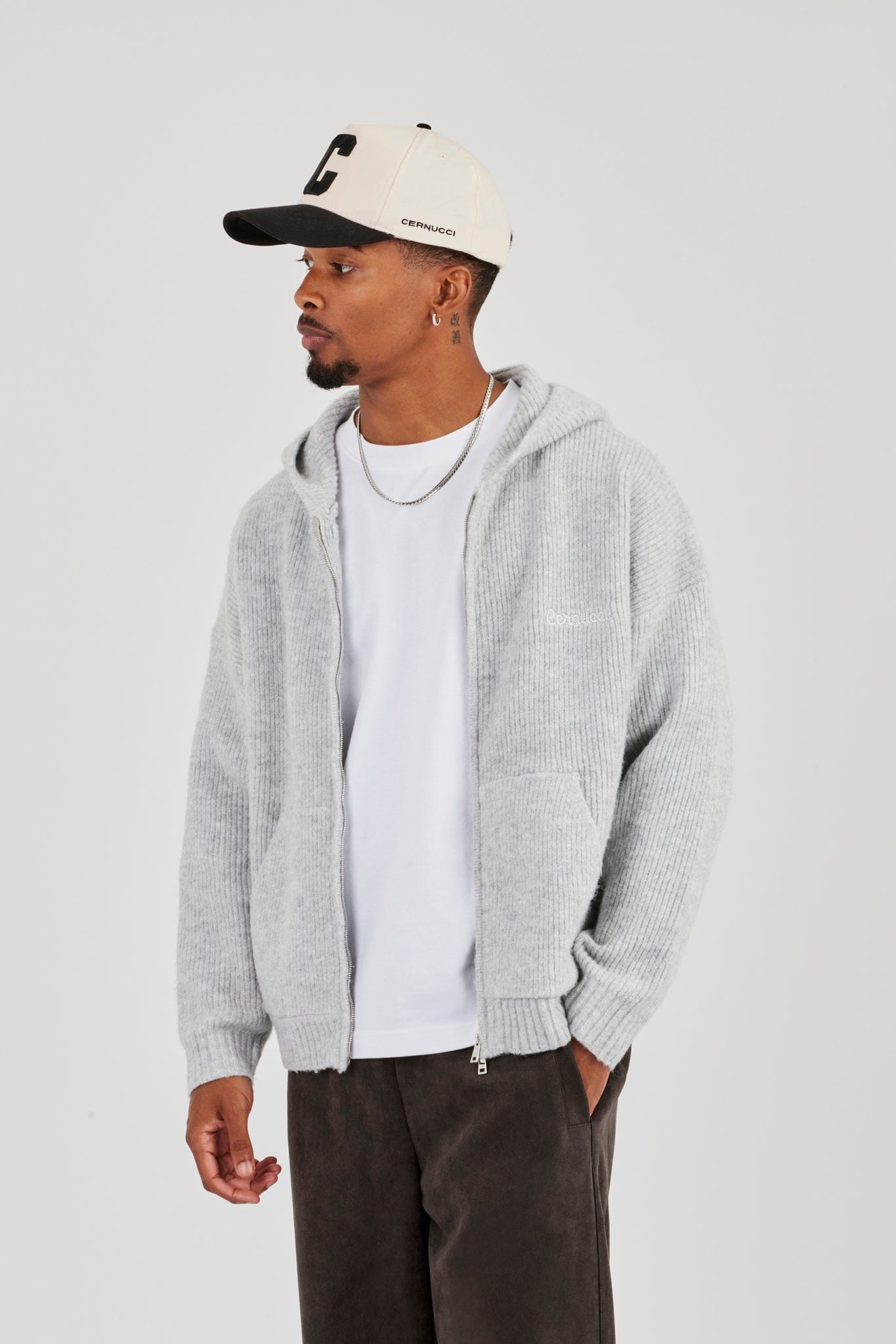 Cernucci Embroidered Knitted Zip Hoodie - Light Grey — S — Front View