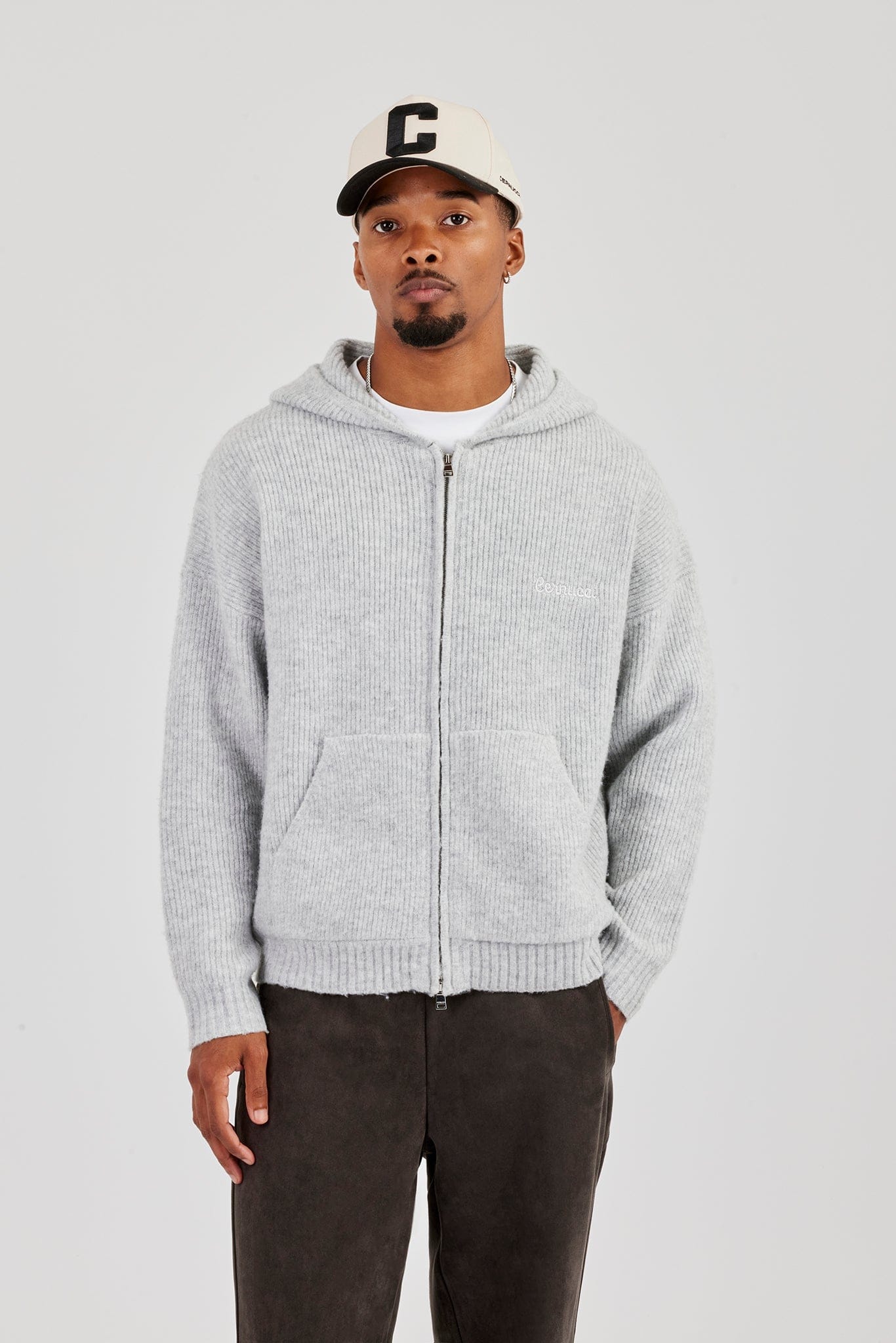 Cernucci Embroidered Knitted Zip Hoodie - Light Grey — S — Back View