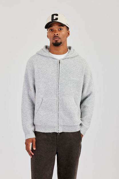 Cernucci Embroidered Knitted Zip Hoodie - Light Grey — S — Back View