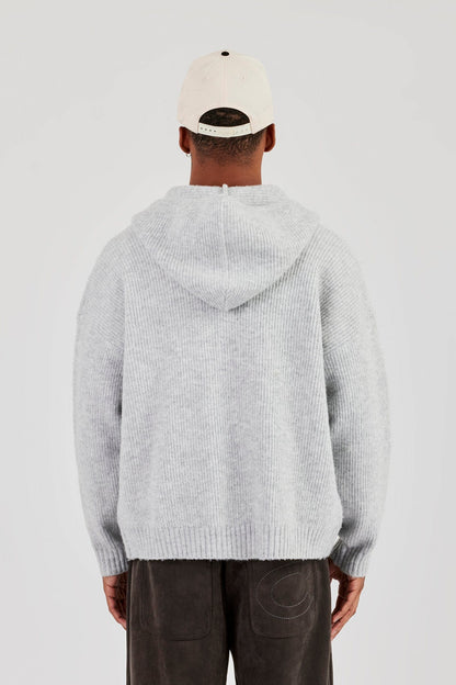 Cernucci Embroidered Knitted Zip Hoodie - Light Grey — S — Top View
