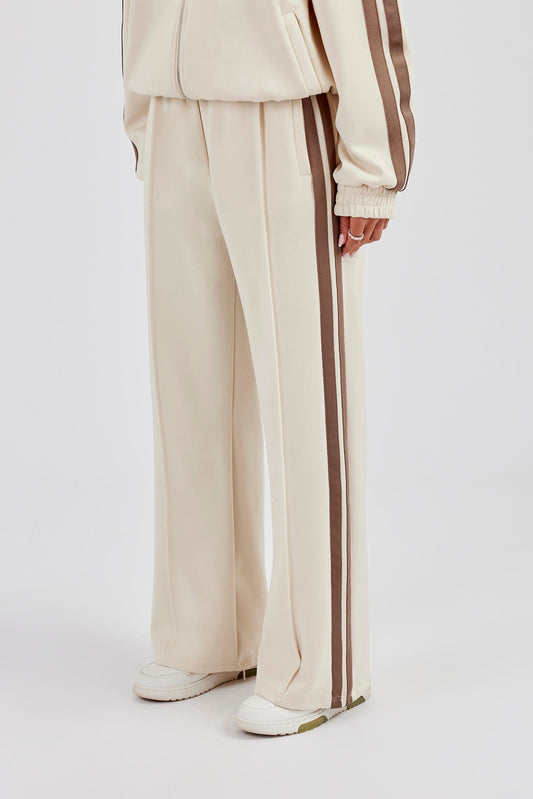 Cernucci Taupe Taping Wide Leg Track Pant - Off White — XS — Front View