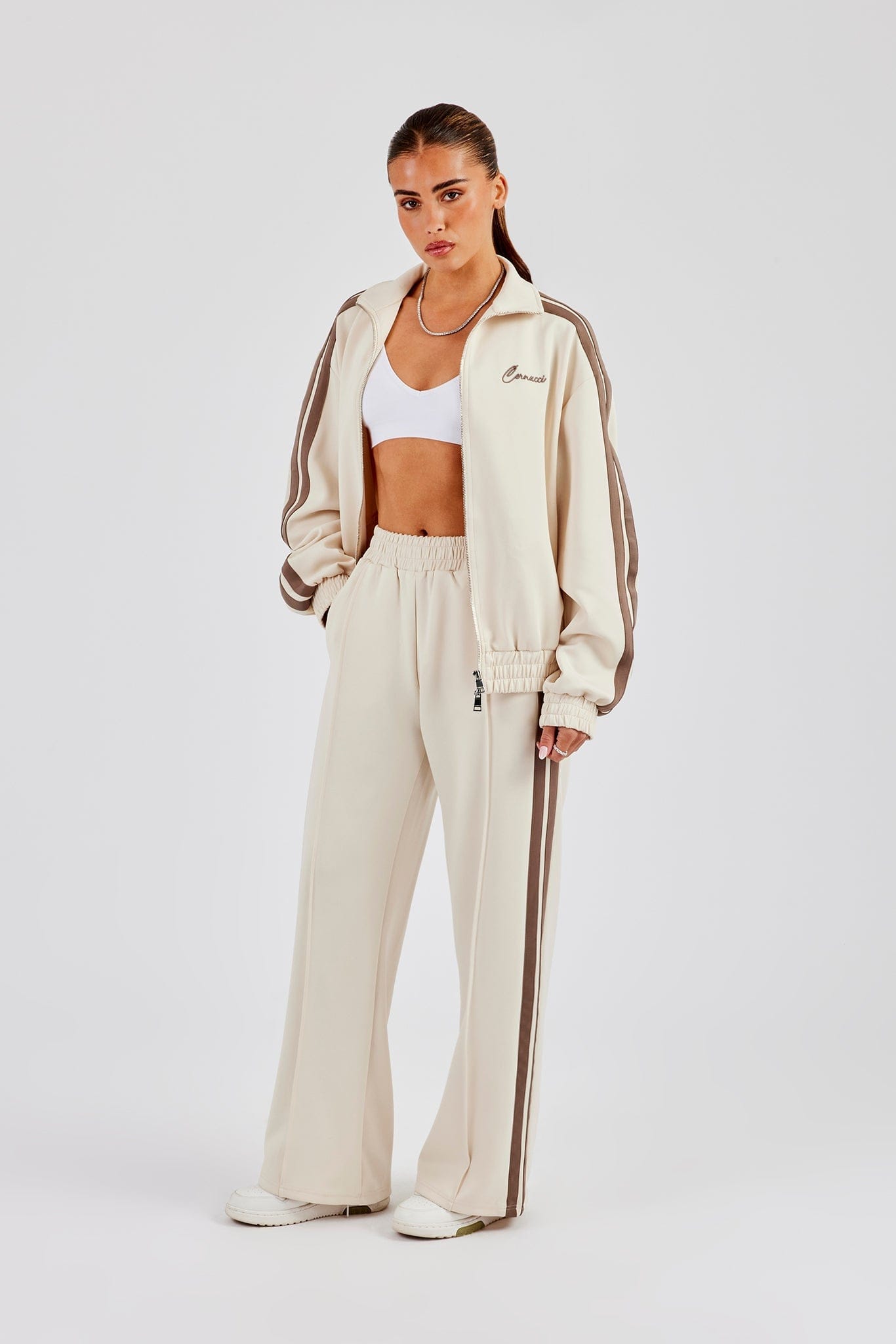 Cernucci Taupe Taping Wide Leg Track Pant - Off White — XS — Top View