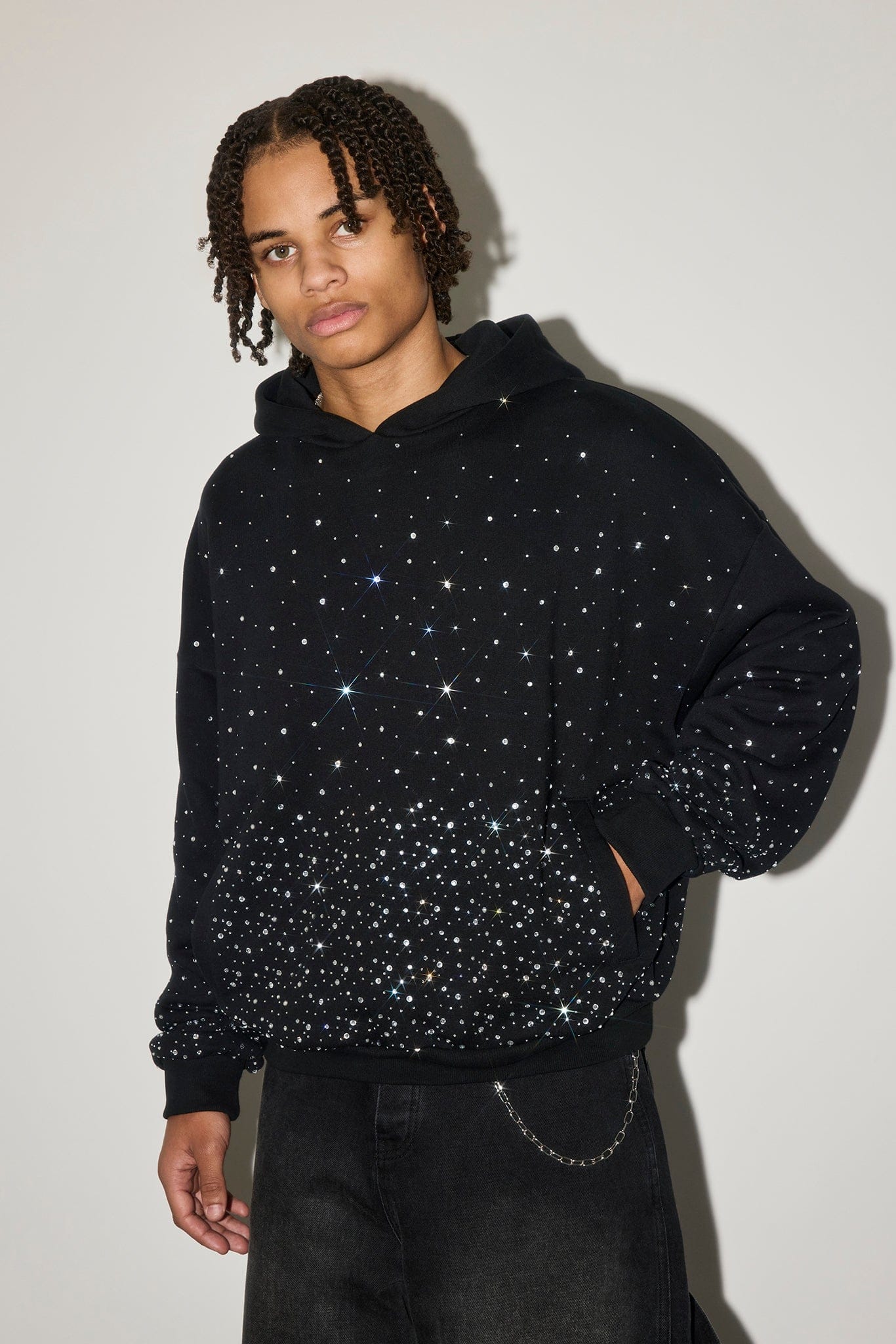 Cernucci Mens Boxy Rhinestone Hoodie - Black — S — Back View