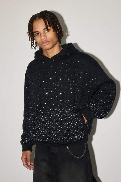 Cernucci Mens Boxy Rhinestone Hoodie - Black — S — Back View