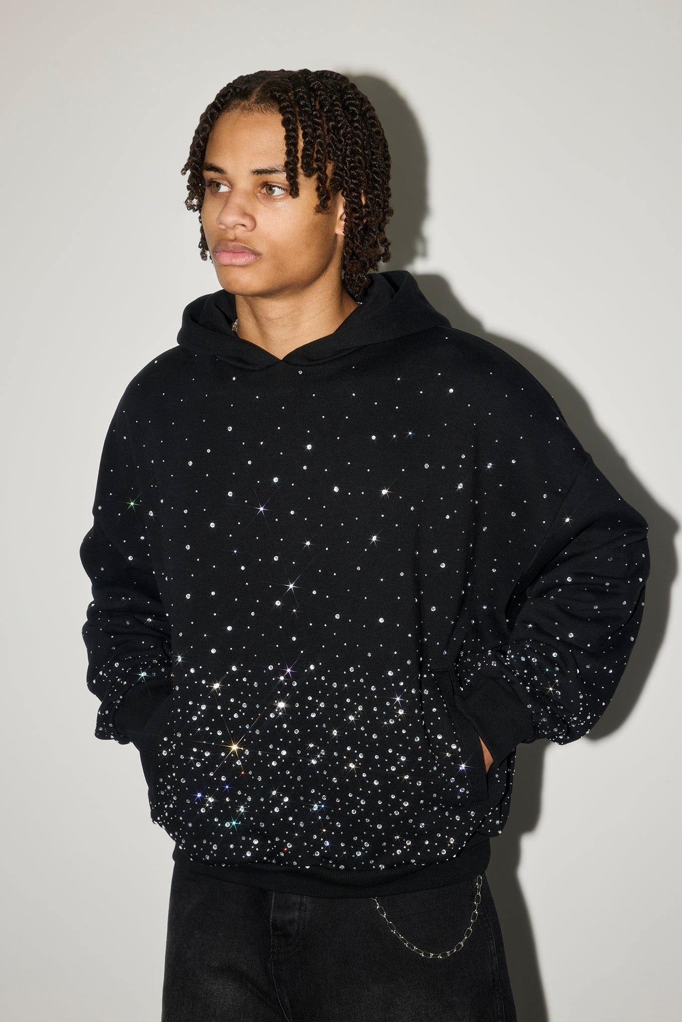 Cernucci Mens Boxy Rhinestone Hoodie - Black — S — Side View