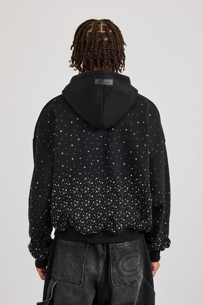 Cernucci Mens Boxy Rhinestone Hoodie - Black — S — Top View