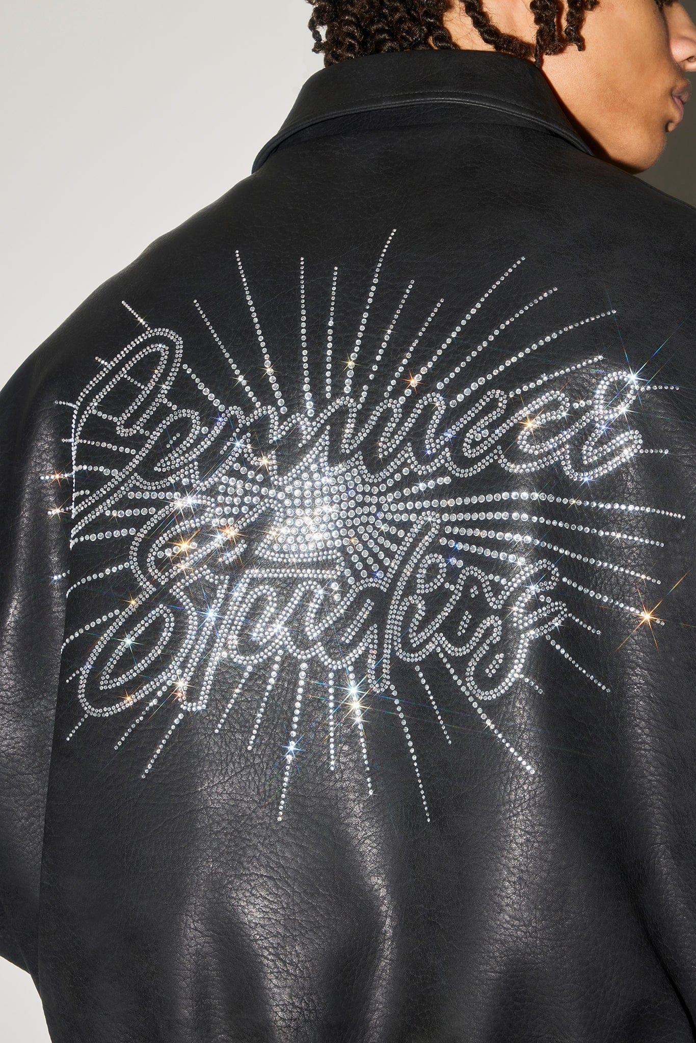 Cernucci Rhinestone Studios PU Bomber Jacket — S — Top View