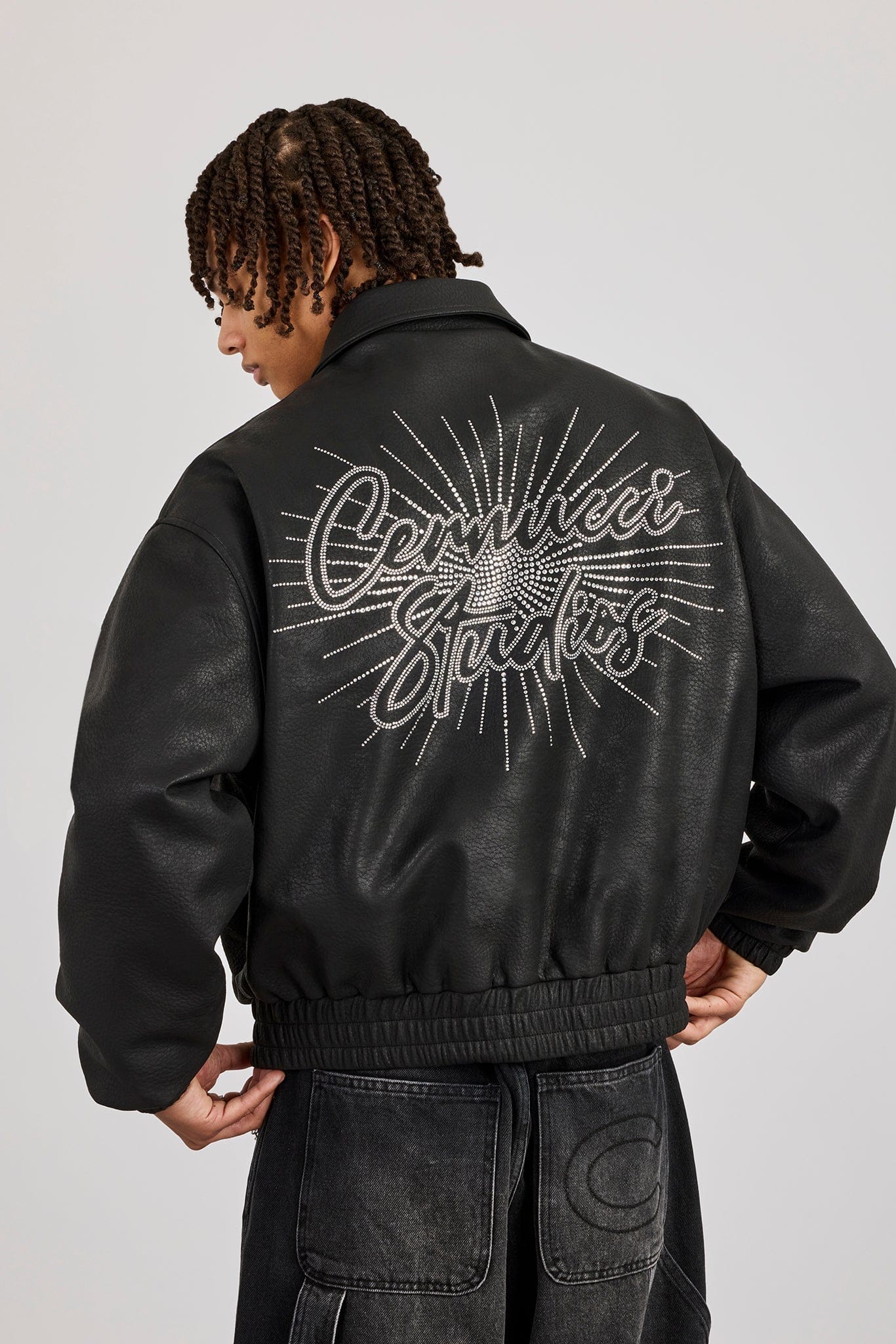 Cernucci Rhinestone Studios PU Bomber Jacket — S — Back View