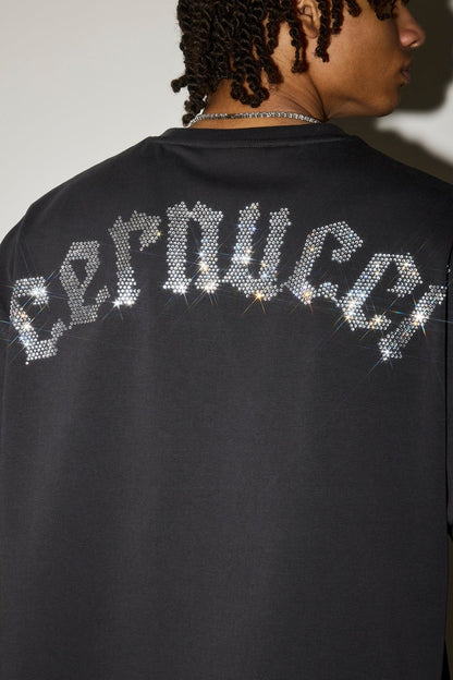 Cernucci Boxy Rhinestone Logo T-Shirt - Charcoal — S — Top View