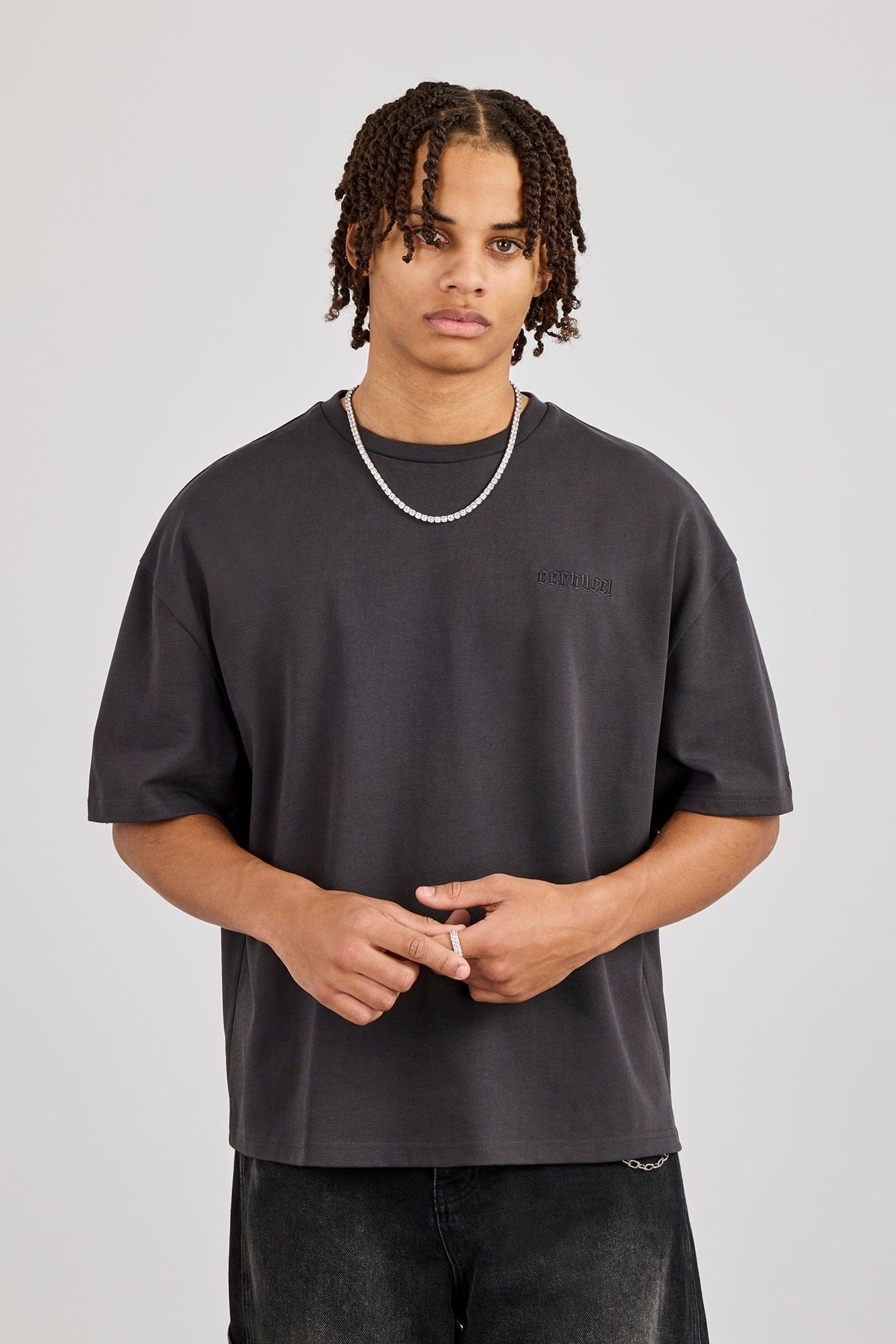 Cernucci Boxy Rhinestone Logo T-Shirt - Charcoal — S — Back View