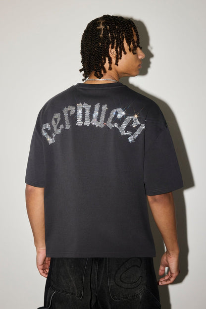 Cernucci Boxy Rhinestone Logo T-Shirt - Charcoal — S — Side View