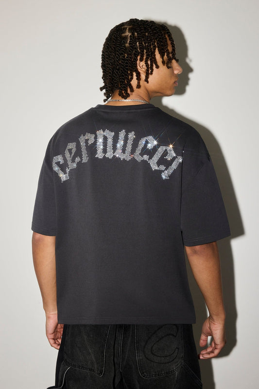 Cernucci Boxy Rhinestone Logo T-Shirt - Charcoal — S — Side View