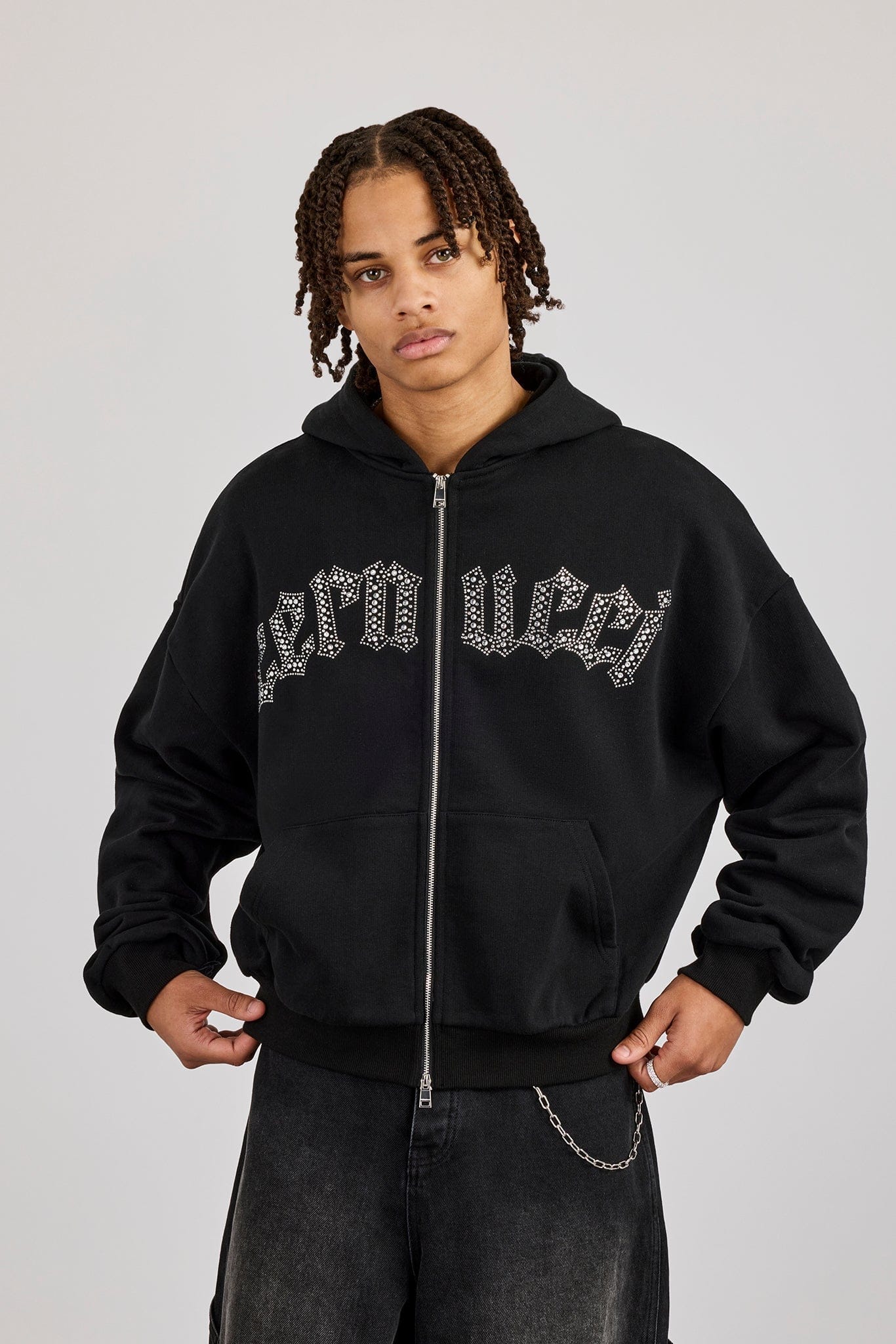 Cernucci Rhinestone Logo Zip Hoodie - Black — S — Back View