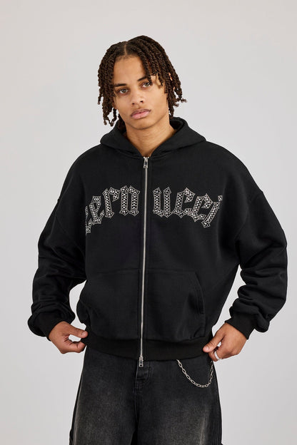 Cernucci Rhinestone Logo Zip Hoodie - Black — S — Back View
