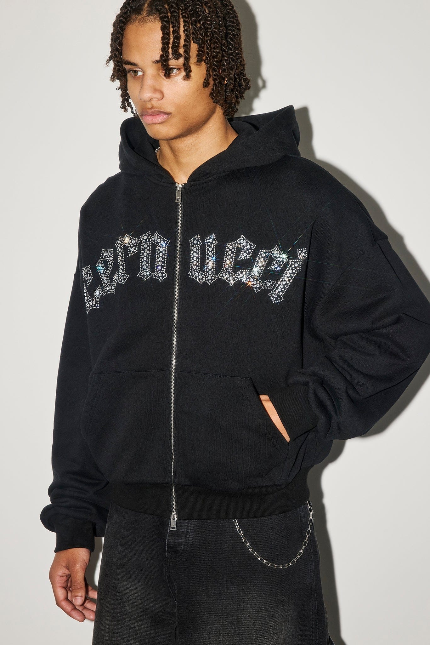 Cernucci Rhinestone Logo Zip Hoodie - Black — S — Front View