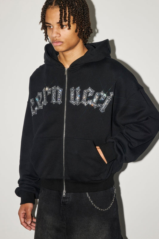 Cernucci Rhinestone Logo Zip Hoodie - Black — S — Front View
