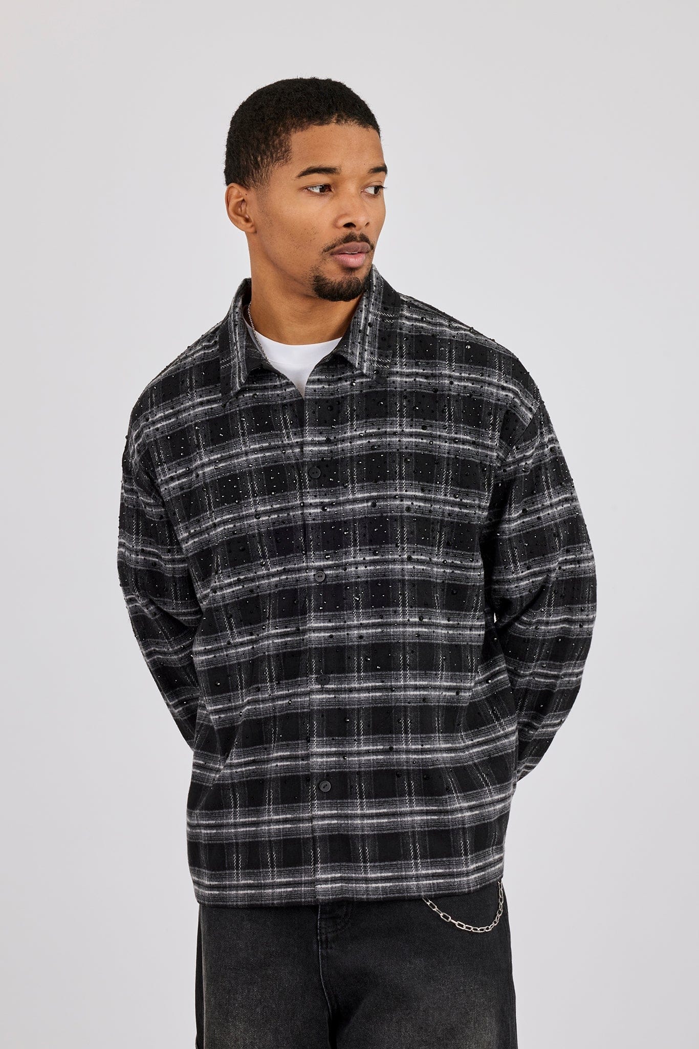 Cernucci Rhinestone Check Shirt - Black — S — Front View