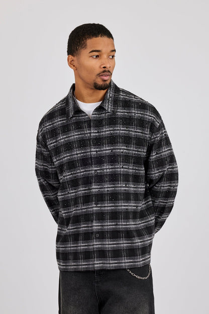 Cernucci Rhinestone Check Shirt - Black — S — Front View