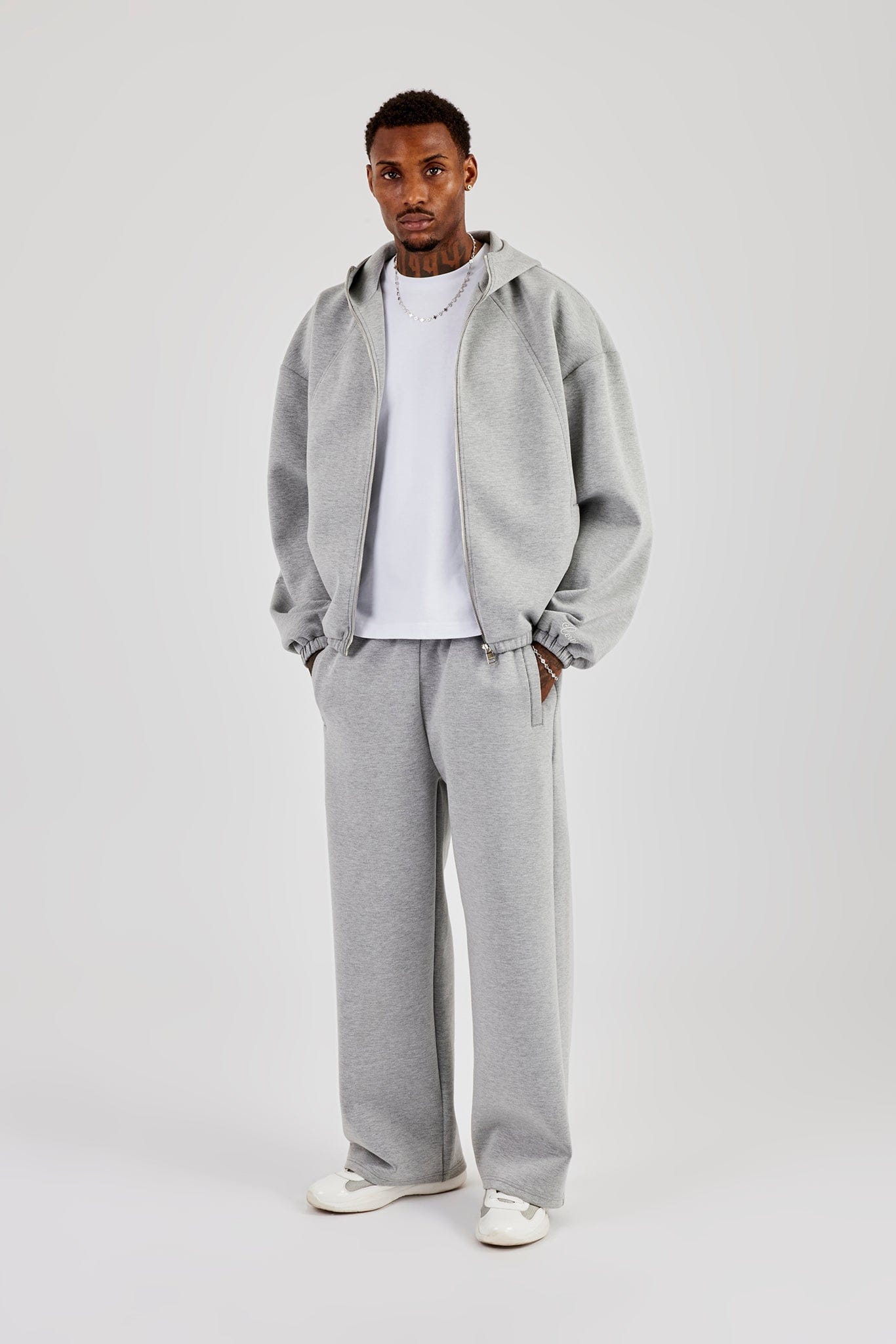 Cernucci Zip Hooded Panelled Scuba Jacket & Baggy Fit Trouser - Grey — S — Size S — Front View