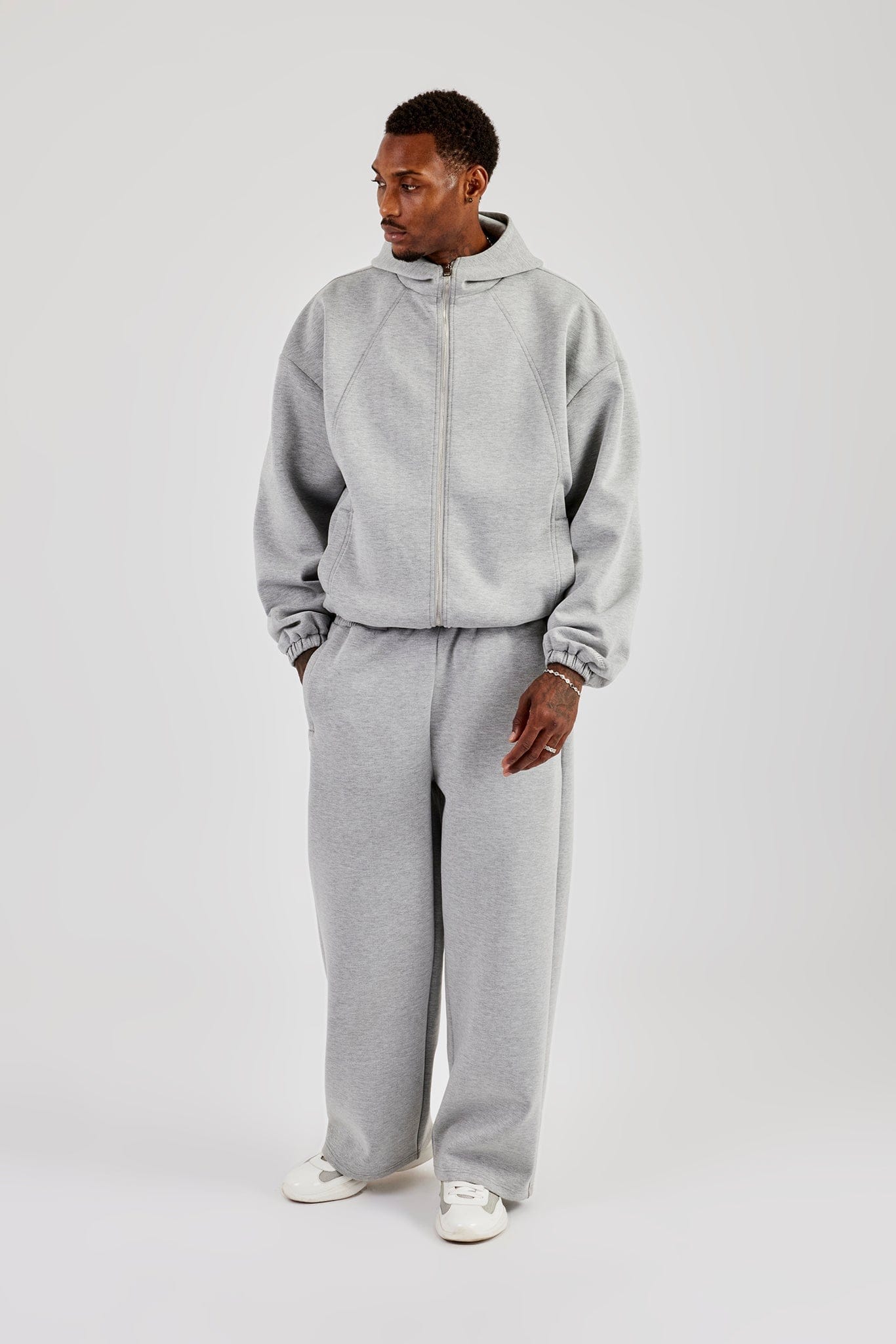 Cernucci Zip Hooded Panelled Scuba Jacket & Baggy Fit Trouser - Grey — S — Size S — Top View