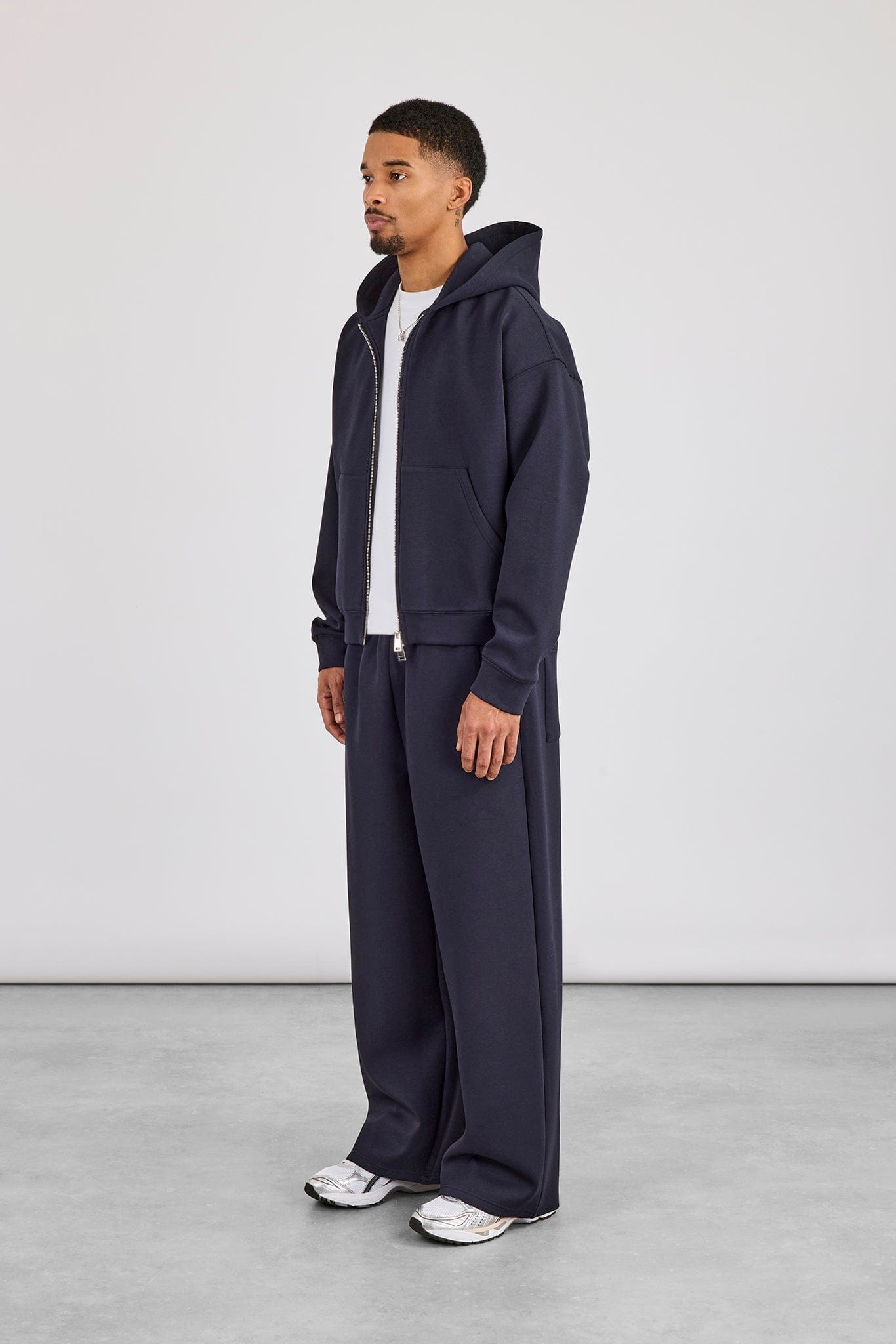 Cernucci Scuba Zip Through Boxy Hoodie & Baggy Fit Trouser - Navy — S — Size S — Back View