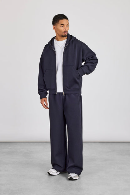Cernucci Scuba Zip Through Boxy Hoodie & Baggy Fit Trouser - Navy — S — Size S — Front View