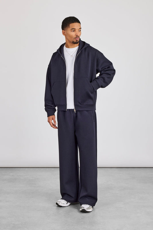 Cernucci Scuba Zip Through Boxy Hoodie & Baggy Fit Trouser - Navy — S — Size S — Front View