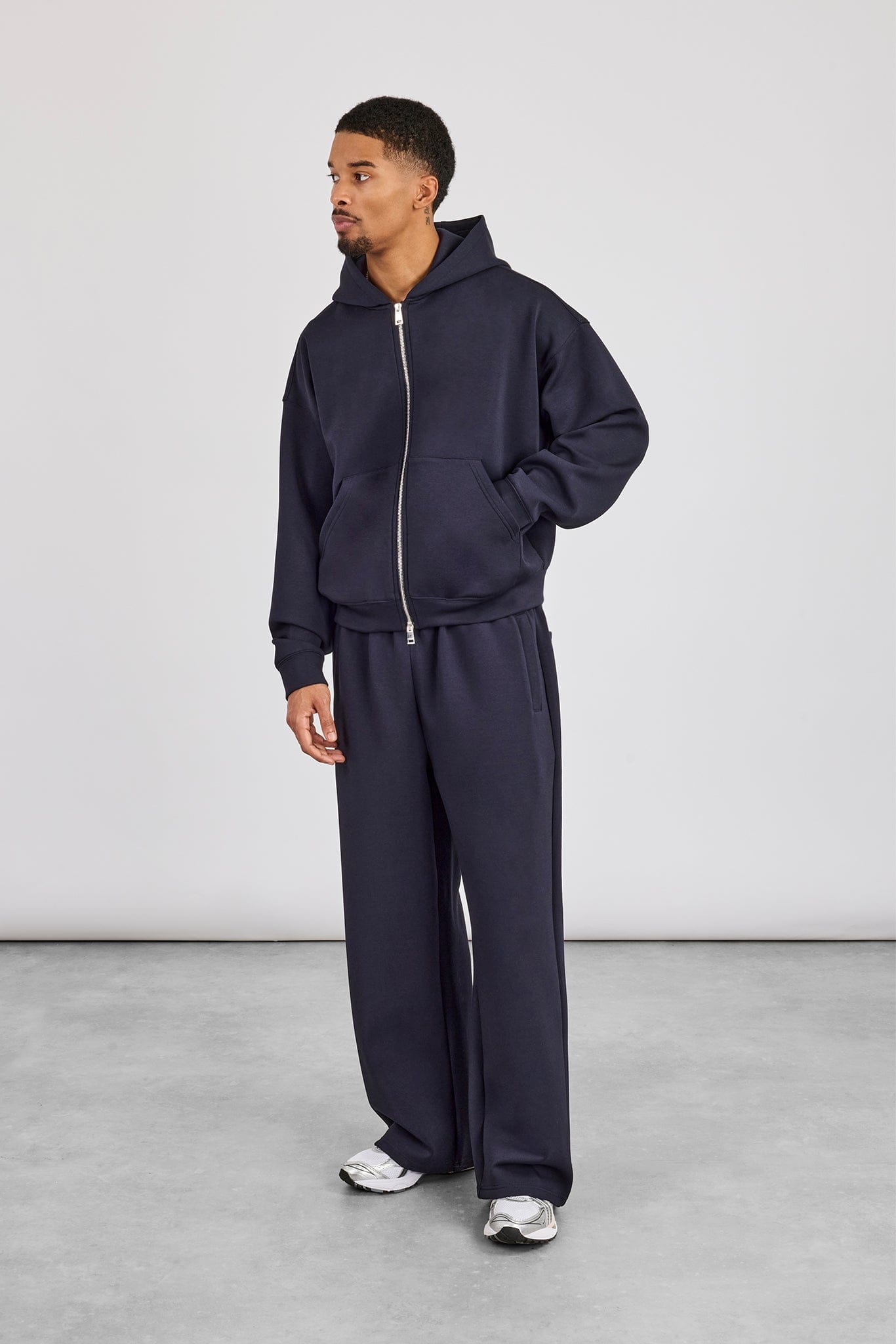 Cernucci Scuba Zip Through Boxy Hoodie & Baggy Fit Trouser - Navy — S — Size S — Side View