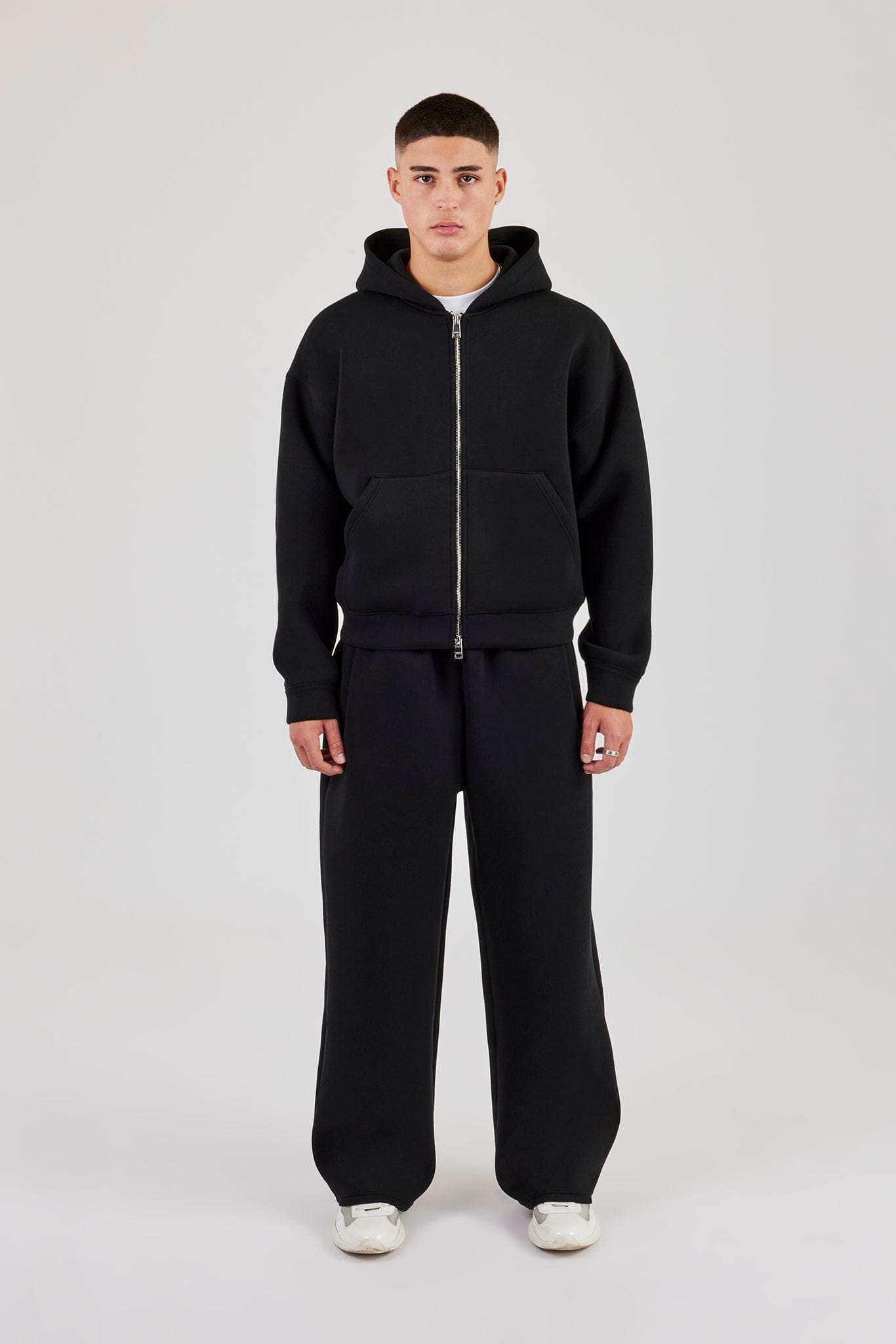 Cernucci Scuba Zip Through Boxy Hoodie & Baggy Fit Trouser - Black — S — Size S — Back View