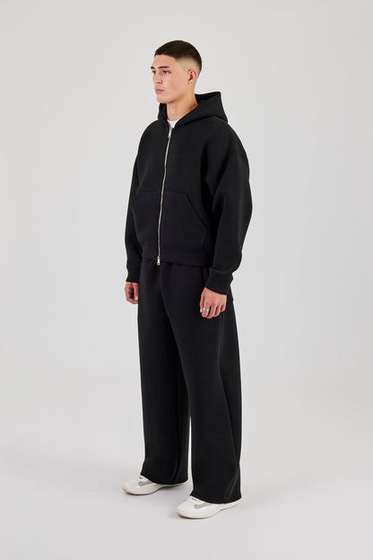 Cernucci Scuba Zip Through Boxy Hoodie & Baggy Fit Trouser - Black — S — Size S — Top View