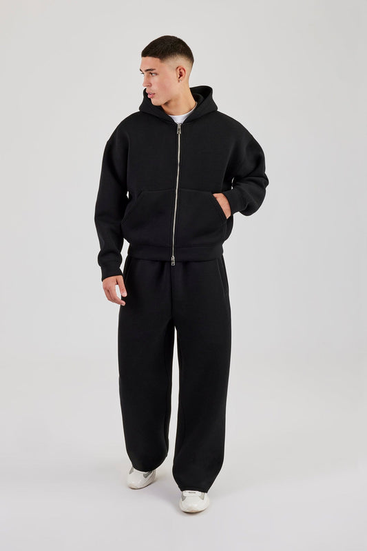 Cernucci Scuba Zip Through Boxy Hoodie & Baggy Fit Trouser - Black — S — Size S — Front View