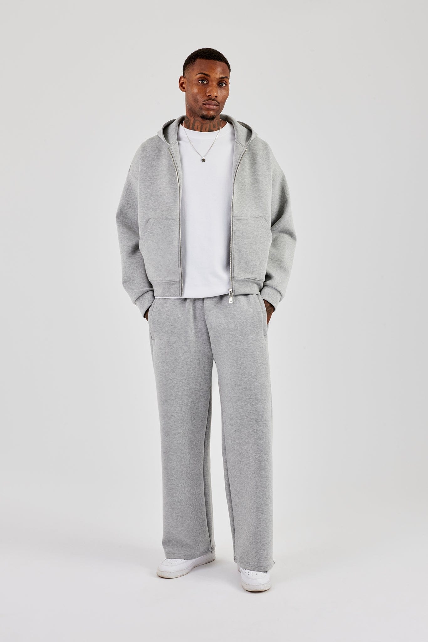 Cernucci Scuba Zip Through Boxy Hoodie & Baggy Fit Trouser - Grey — S — Size S — Front View