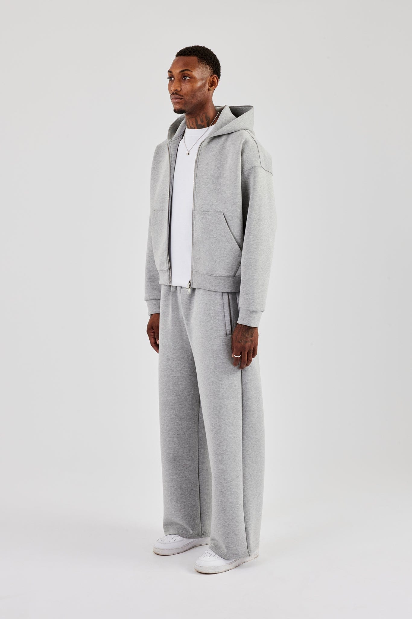 Cernucci Scuba Zip Through Boxy Hoodie & Baggy Fit Trouser - Grey — S — Size S — Top View