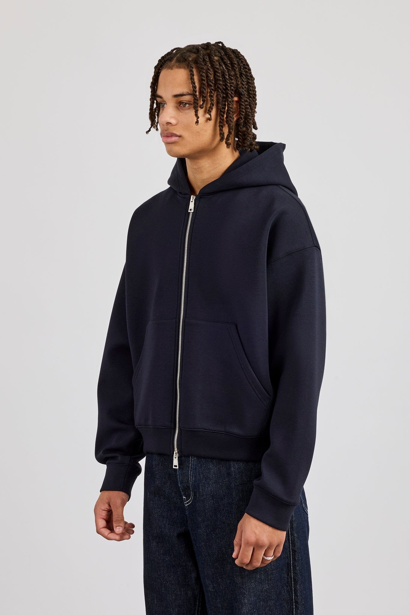 Cernucci Scuba Zip Through Boxy Hoodie - Navy — S — Side View