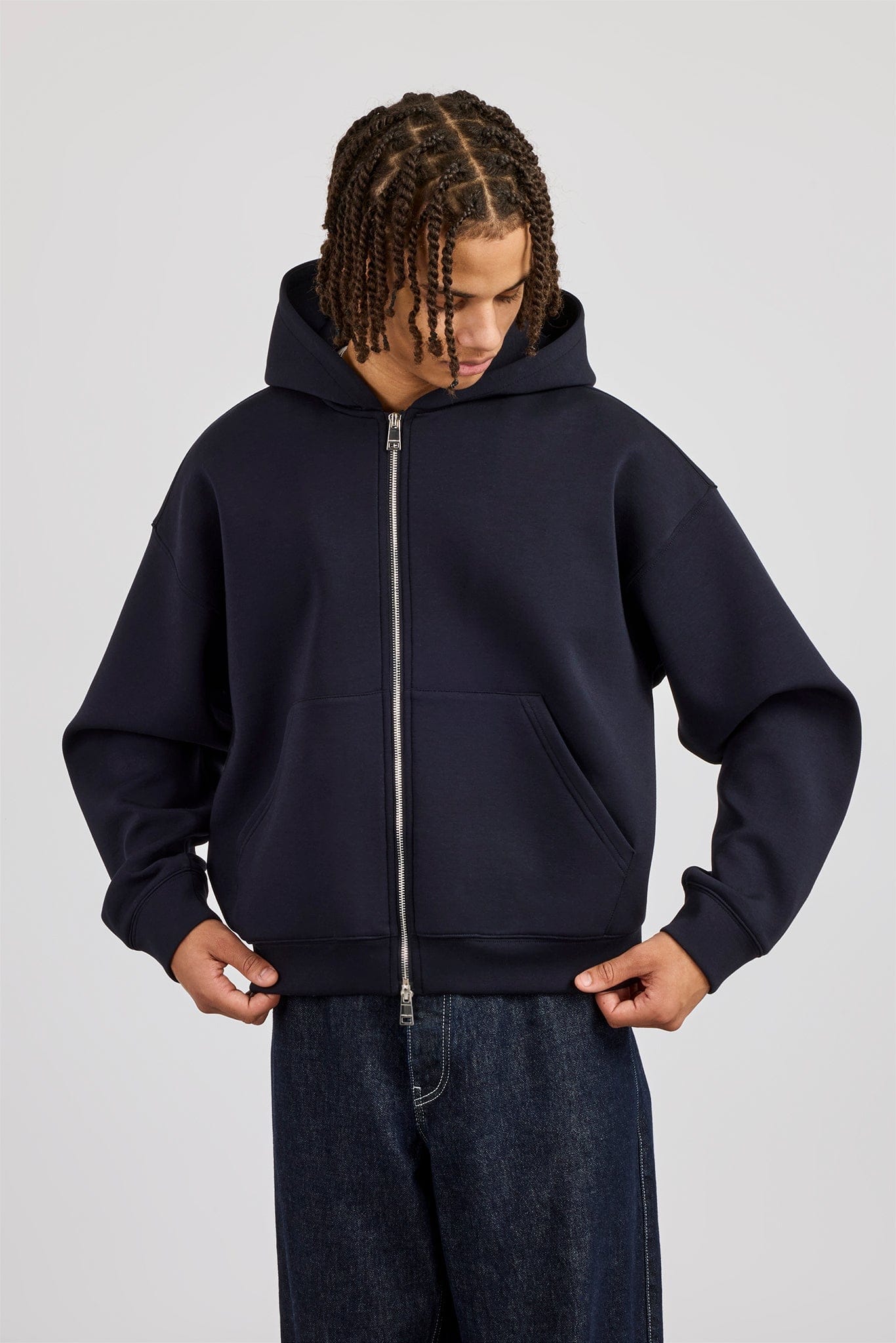 Cernucci Scuba Zip Through Boxy Hoodie - Navy — S — Front View