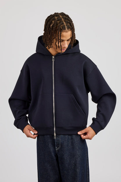 Cernucci Scuba Zip Through Boxy Hoodie - Navy — S — Front View