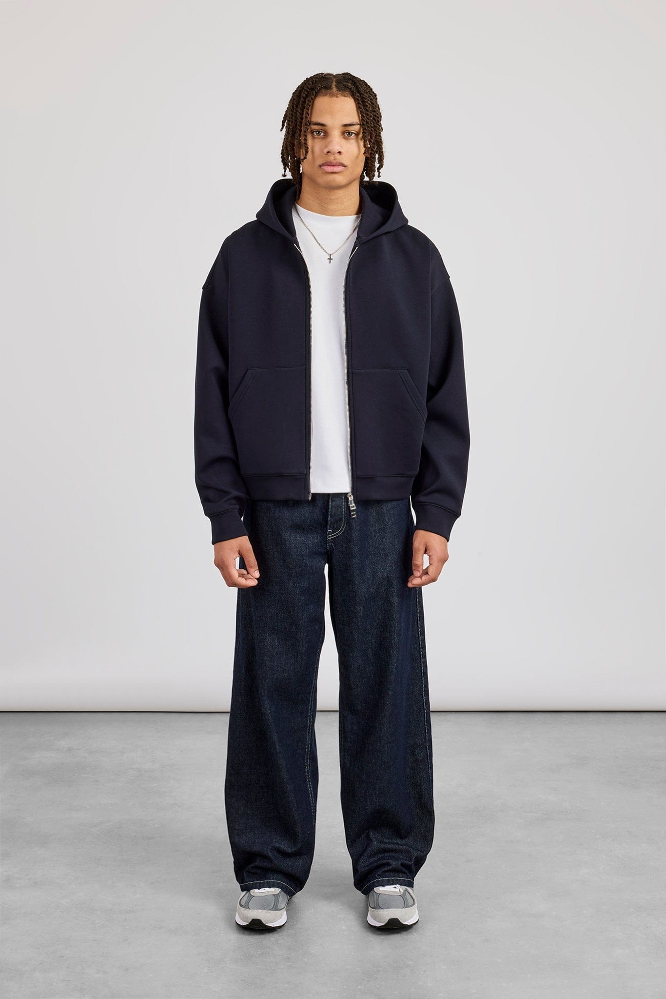 Cernucci Scuba Zip Through Boxy Hoodie - Navy — S — Top View